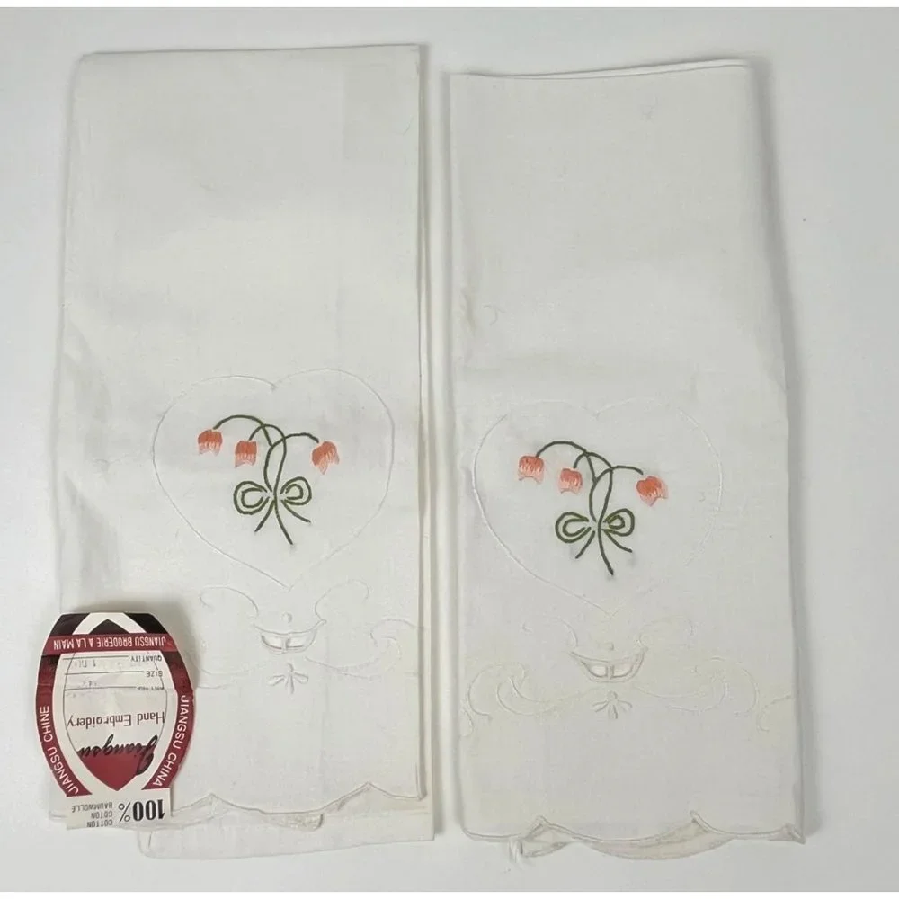Vintage Hand-Embroidered Tea Towels White Pink Flowers Set of 2